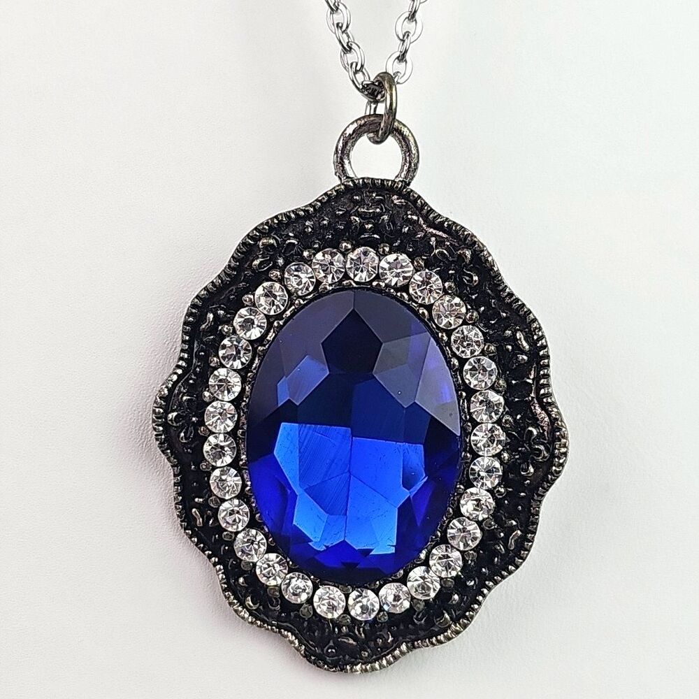 Cobalt Blue Rhinestone Statement Necklace Victorian Gothic Style Silver Tone 18”